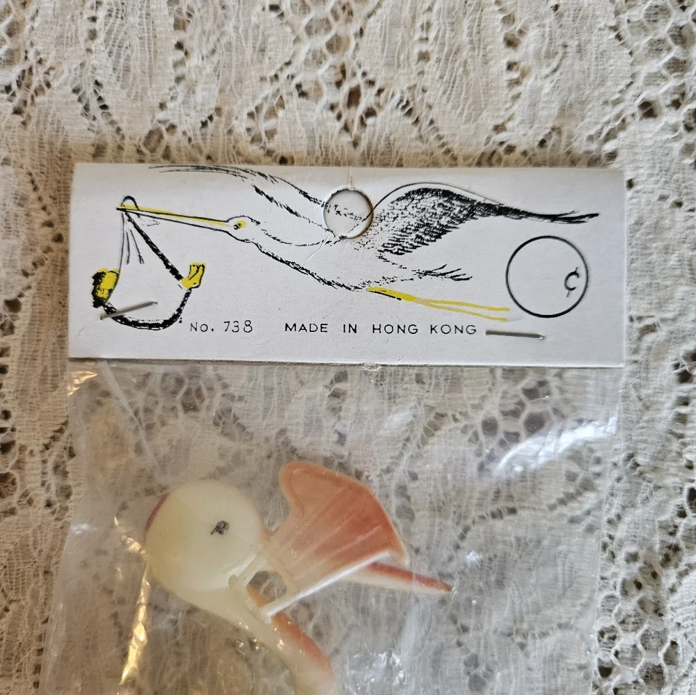 Vintage Hard Plastic Stork Cake Topper Craft Supply or Decoration Hong Kong Made